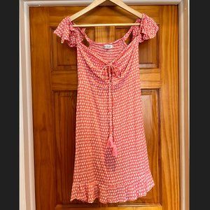 Tiare Hawaii Patterned Mini Dress with Lace- Up Tassel Front and Flutter Sleeves